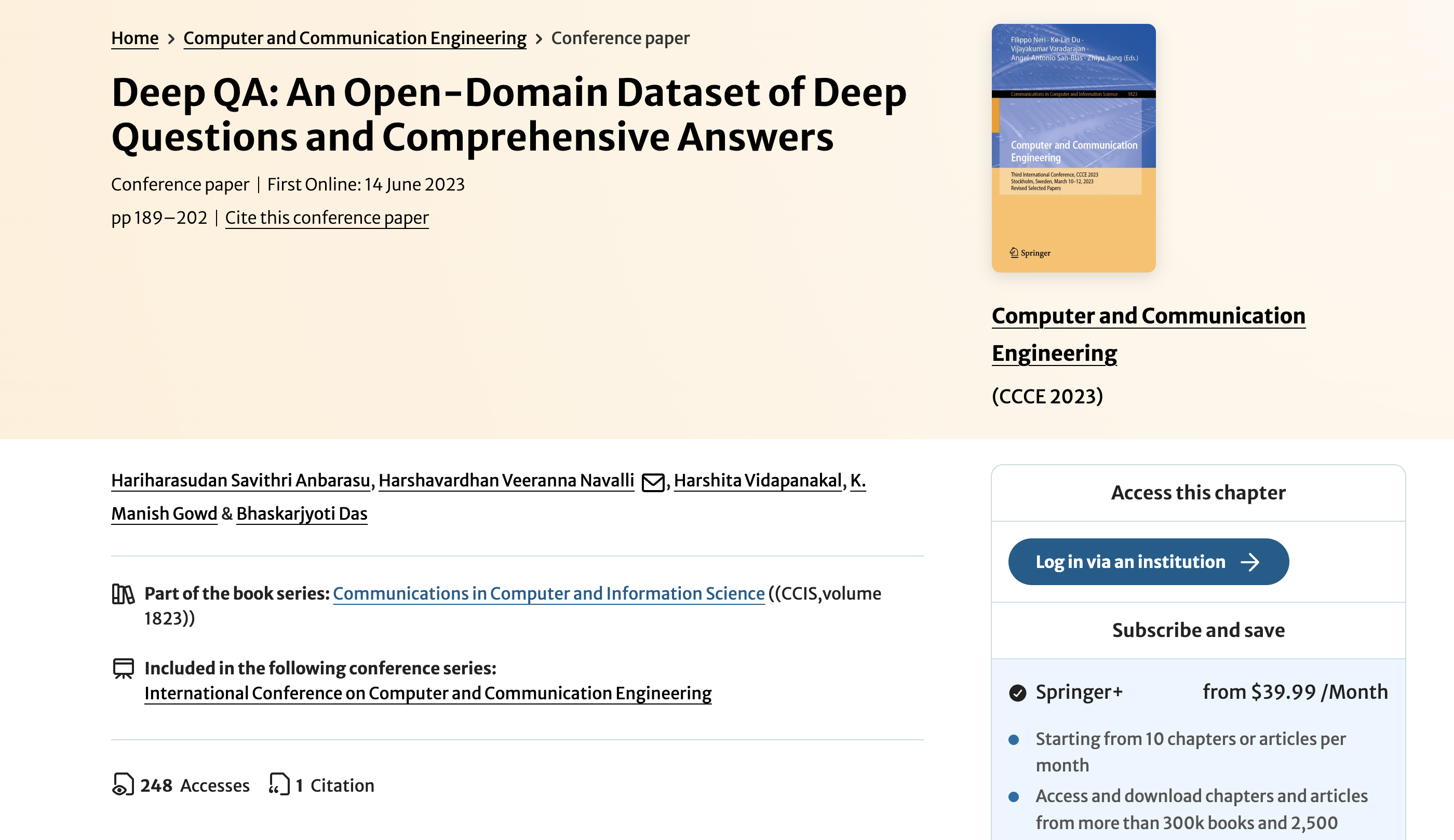 Deep QA Dataset - Springer conference paper publication showing the research paper details and academic publication information